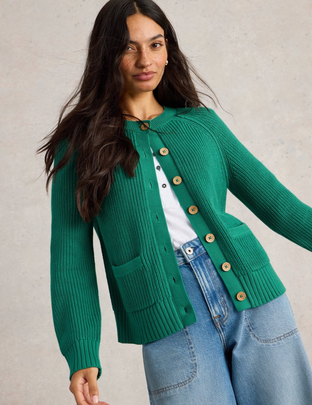 Pure Cotton Ribbed Crew Neck Cardigan