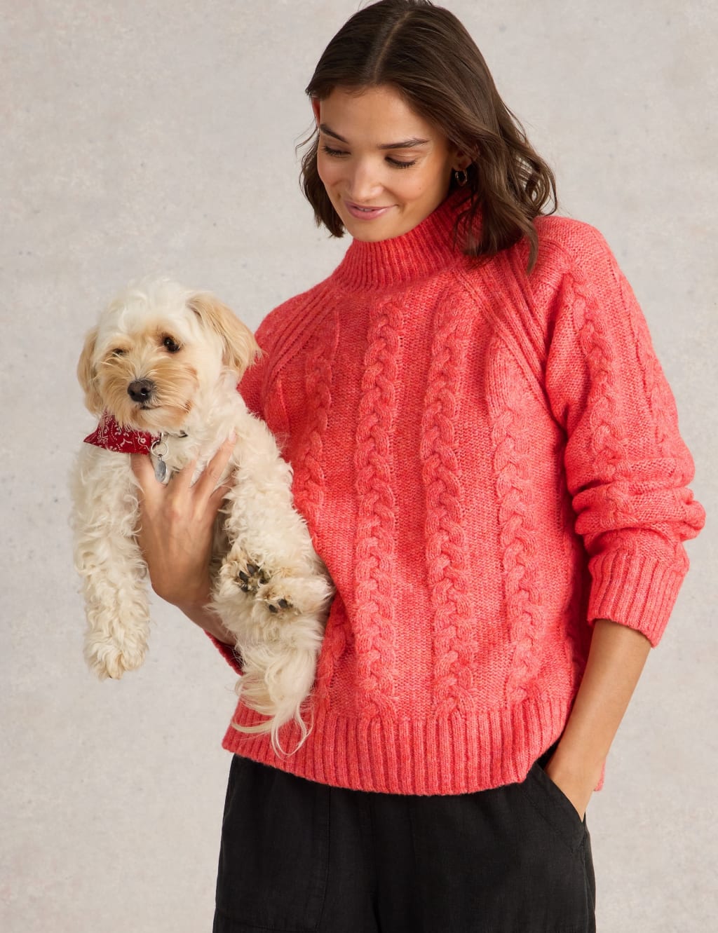Cable Knit Funnel Neck Jumper with Wool