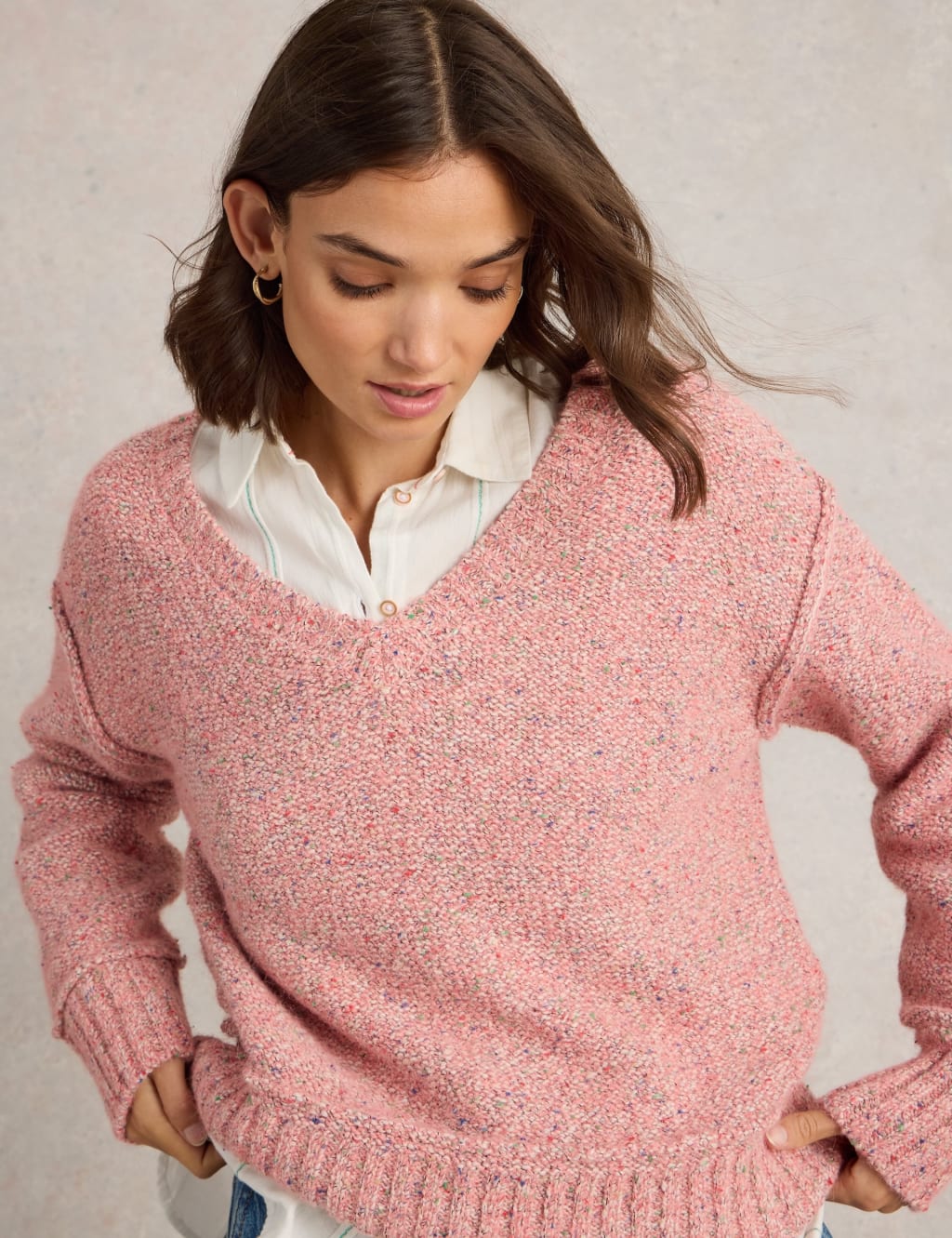 Cotton Rich Textured V-Neck Jumper