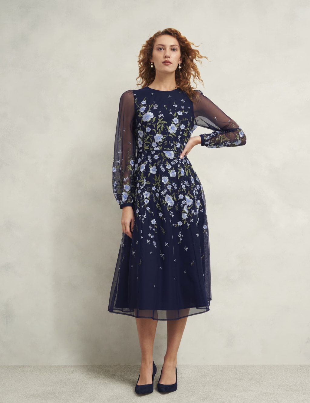 Floral Embroidered Midi Waisted Dress