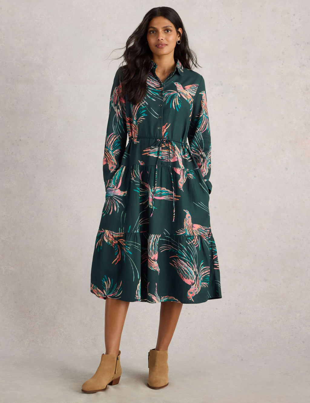 Cotton Blend Printed Midi Shirt Dress