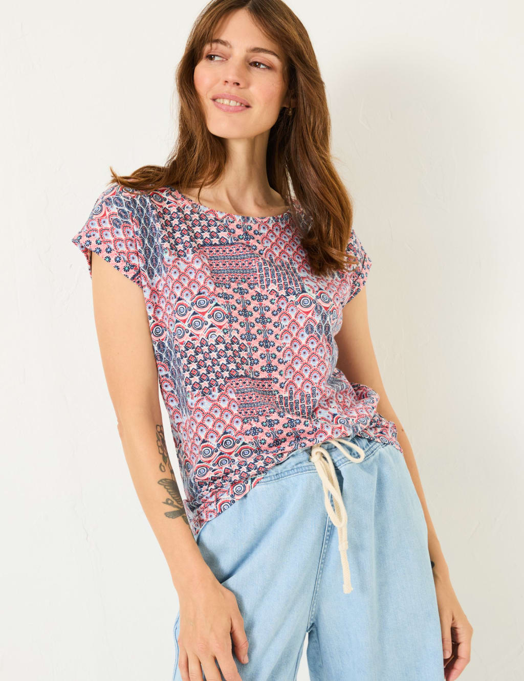 Cotton Modal Blend Geometric Cap Sleeve Top
