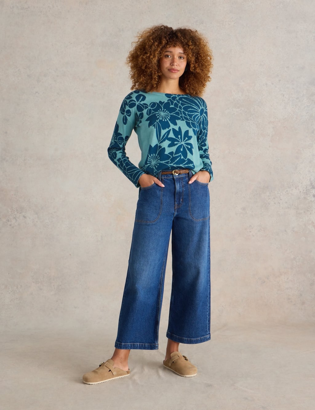 White Stuff Women's Cotton Rich Floral Crew Neck Jumper - 8 - Blue Mix, Blue Mix