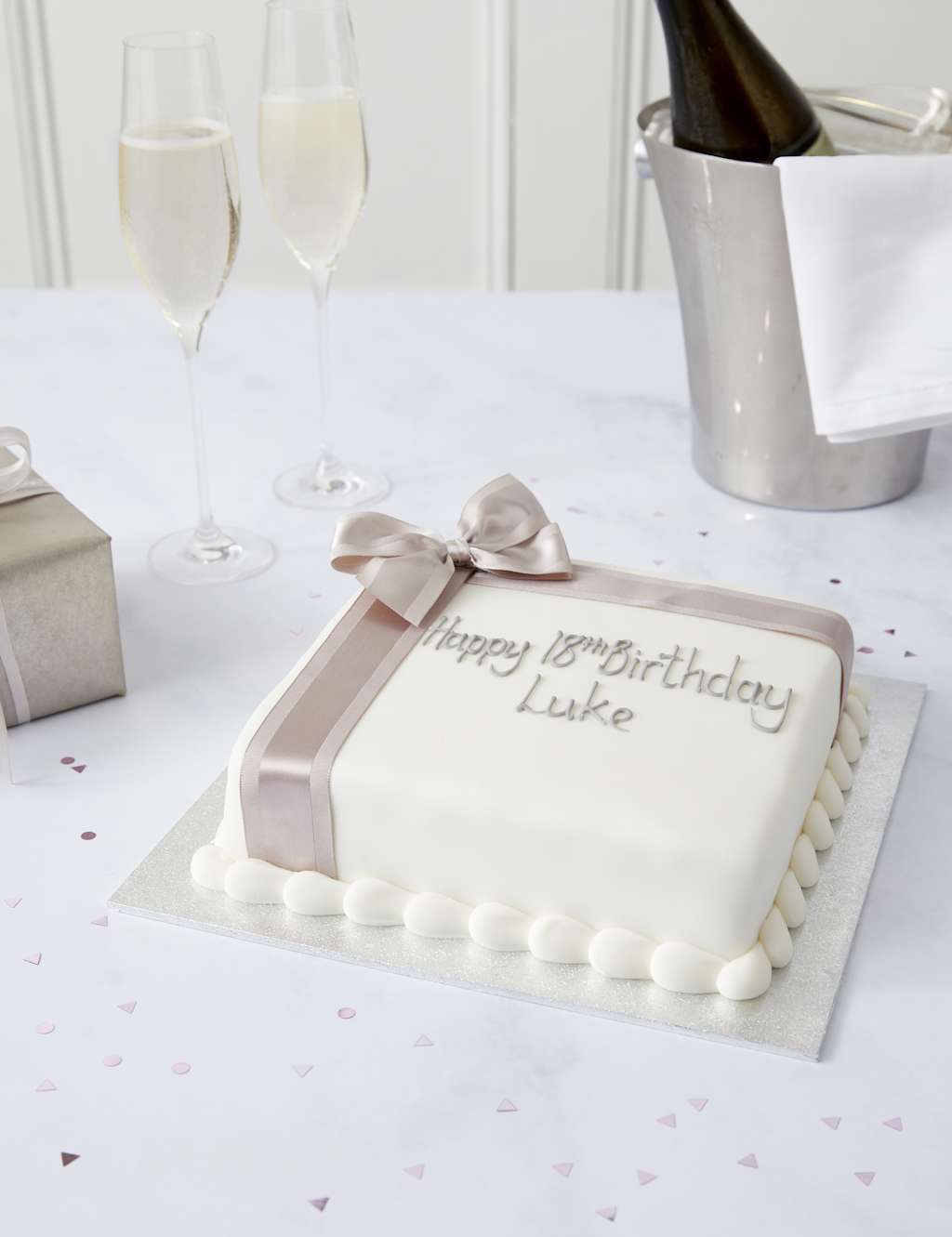 Personalised Celebration Sponge Cake with Silver Ribbon (Serves 16)