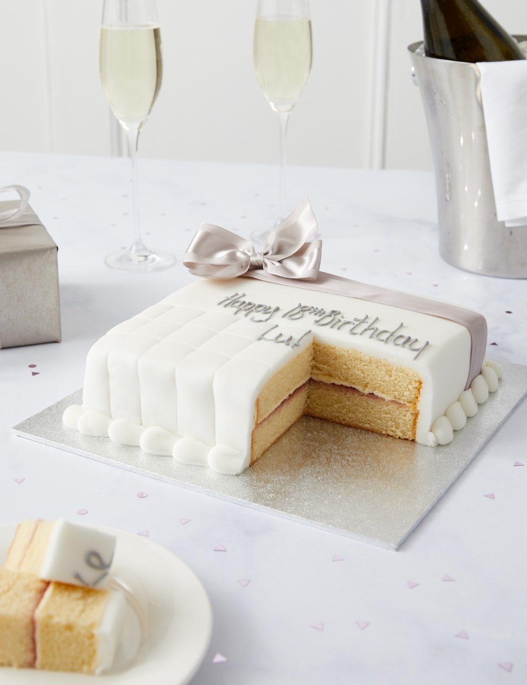 Personalised Celebration Sponge Cake with Silver Ribbon (Serves 16)