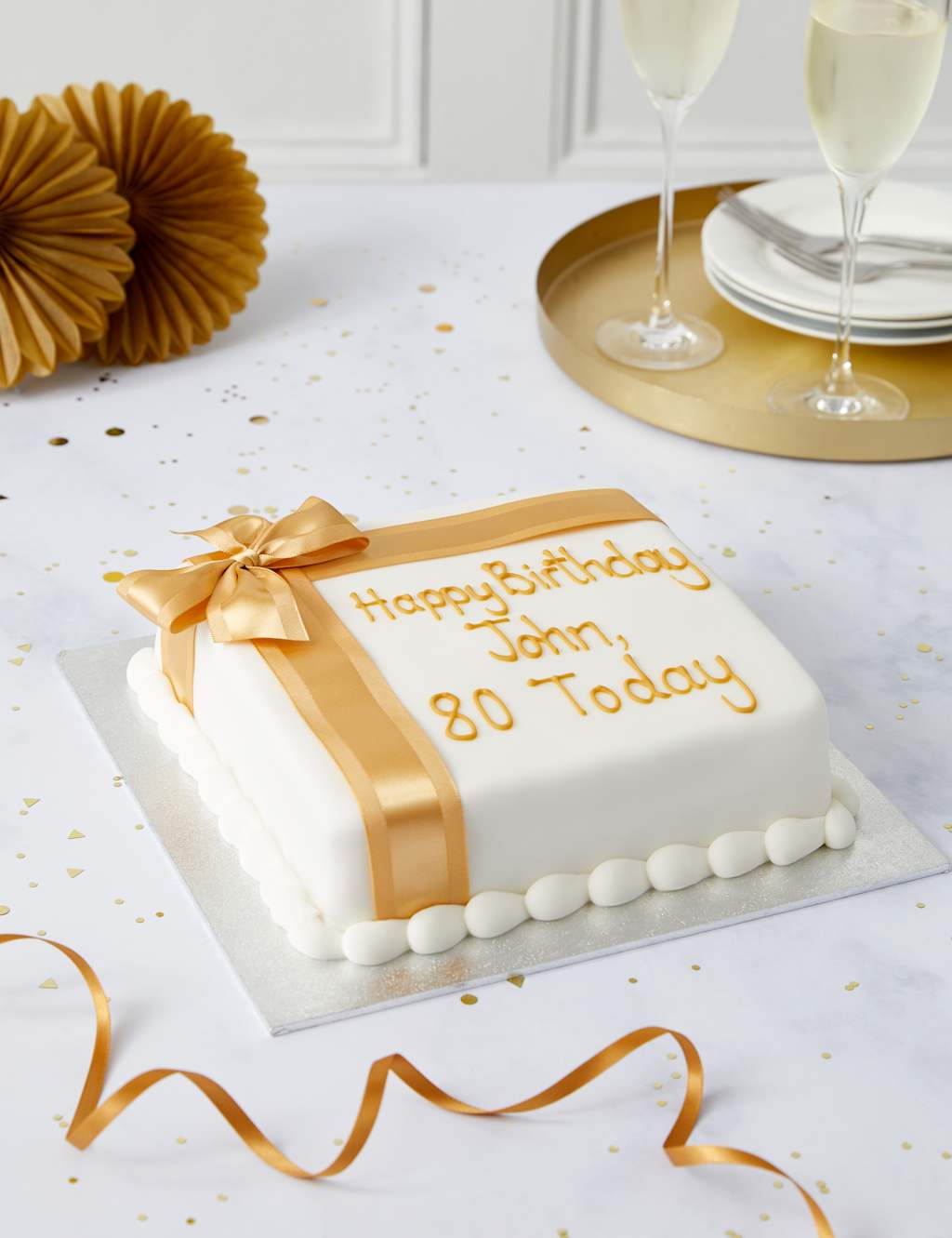 Personalised Celebration Sponge Cake with Gold Ribbon (Serves 16)