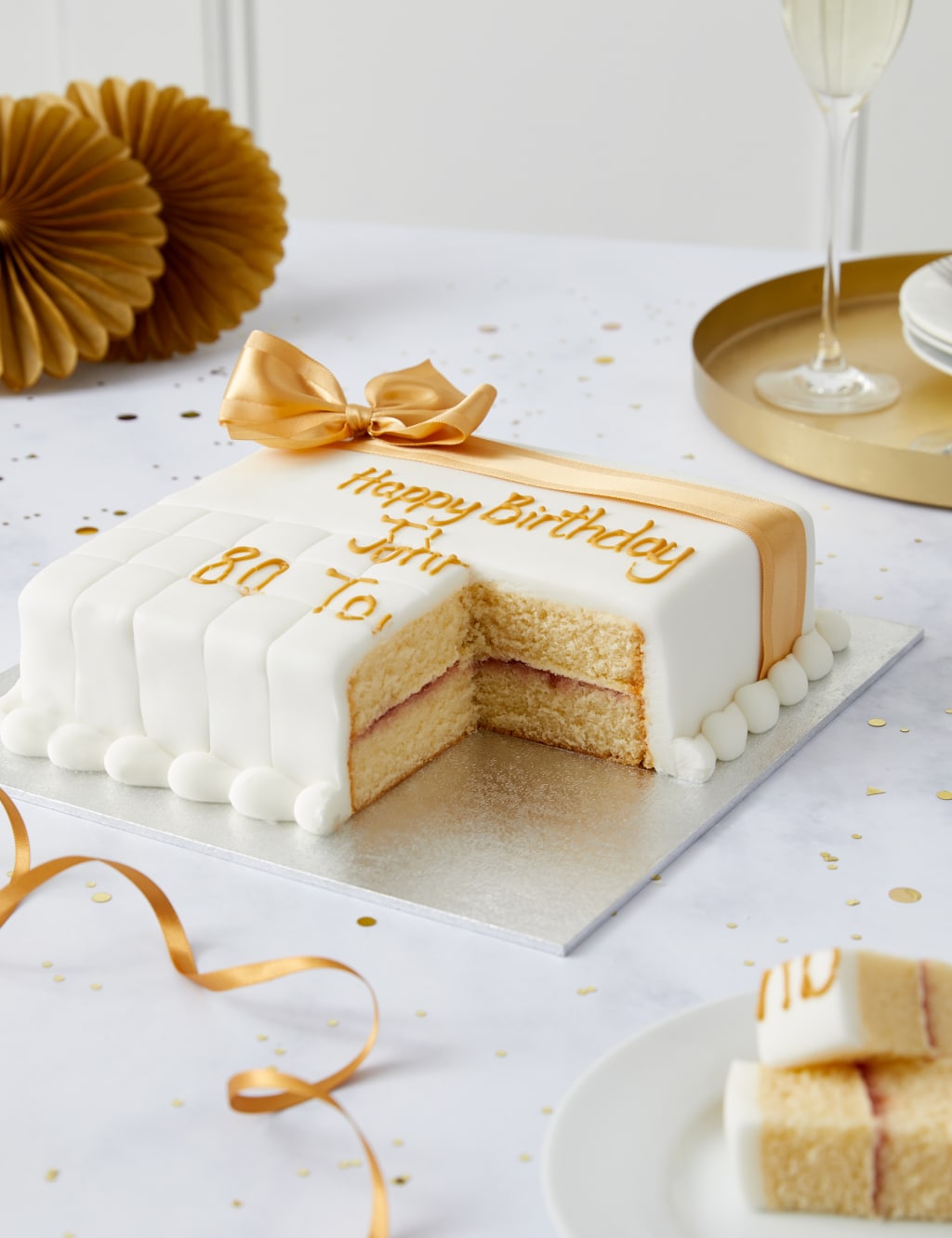 Personalised Celebration Sponge Cake with Gold Ribbon (Serves 16)