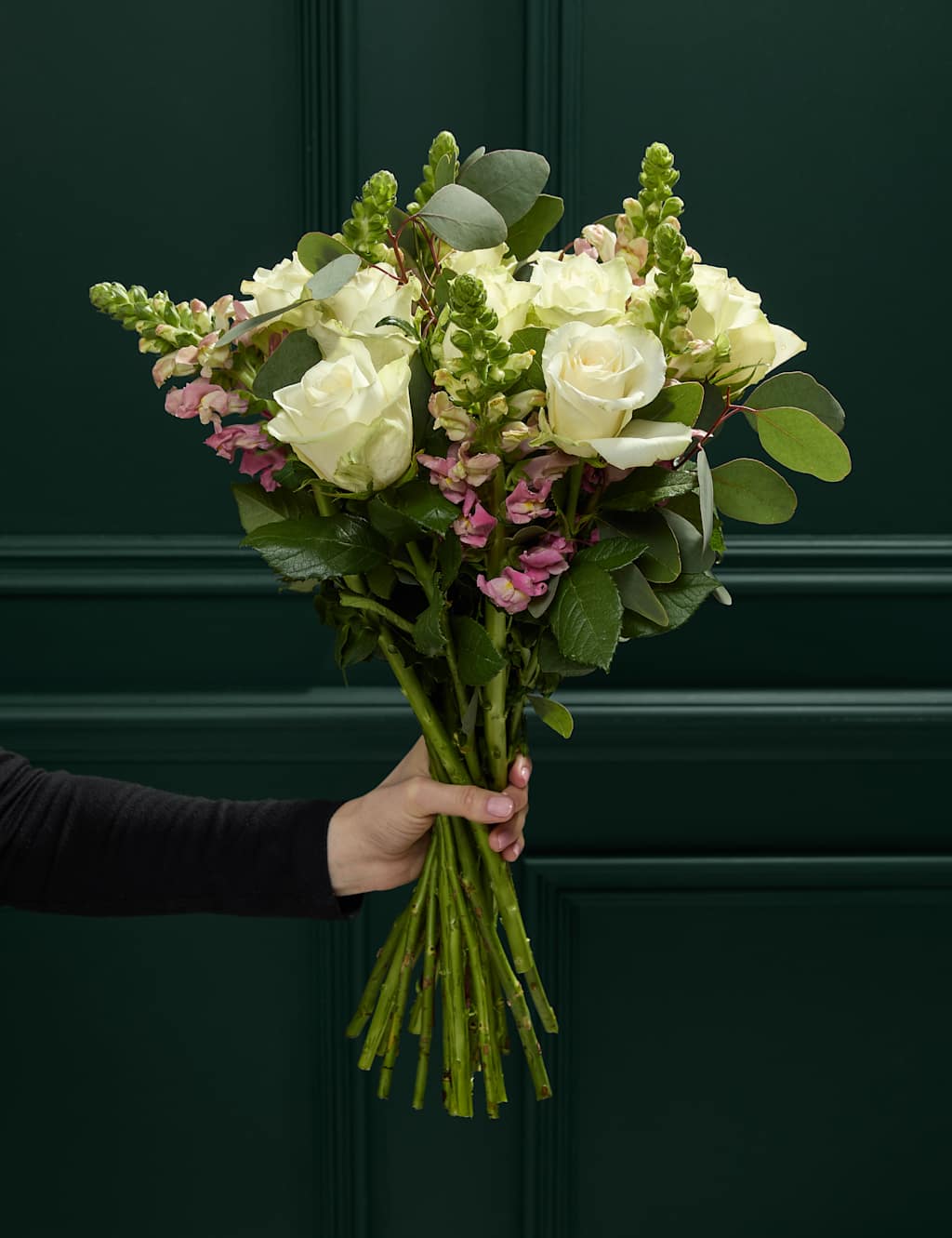 White Rose, Antirrhinum & Eucalyptus Bouquet