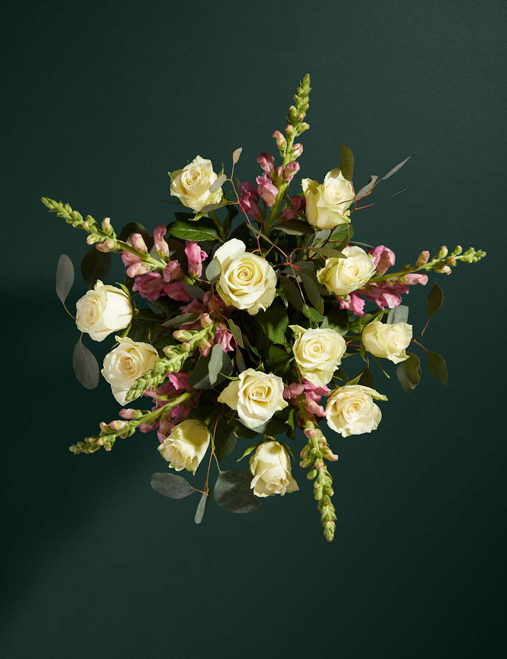 White Rose, Antirrhinum & Eucalyptus Bouquet with Prosecco