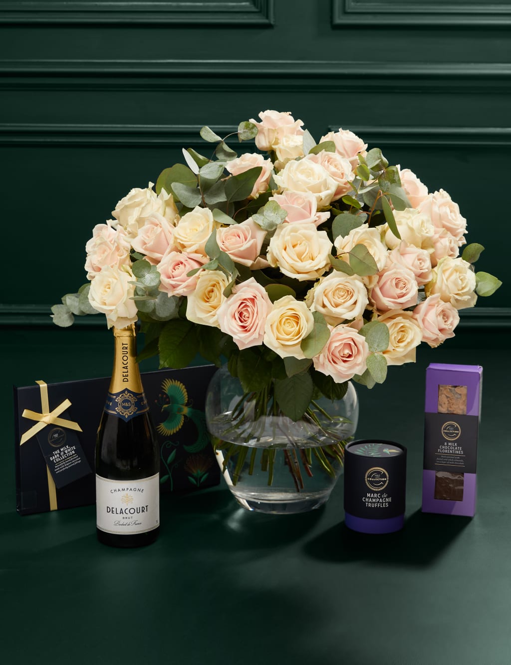 Luxury Rose Bouquet with Champagne, Truffles, Chocolates & Florentines