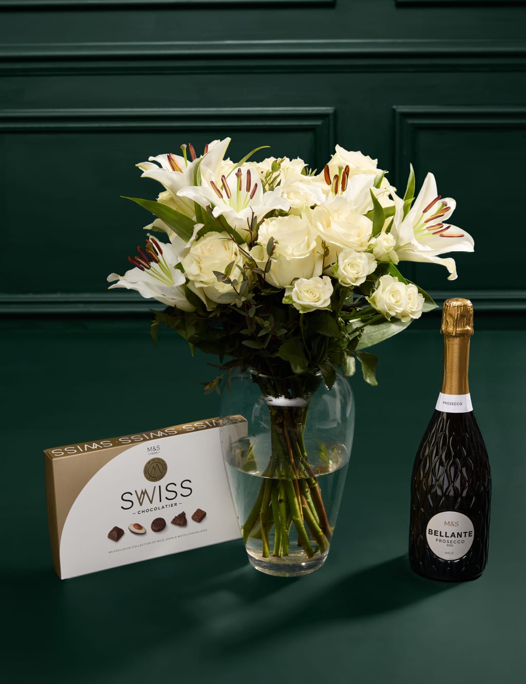 White Rose & Lily Bouquet with Swiss Chocolates & Prosecco