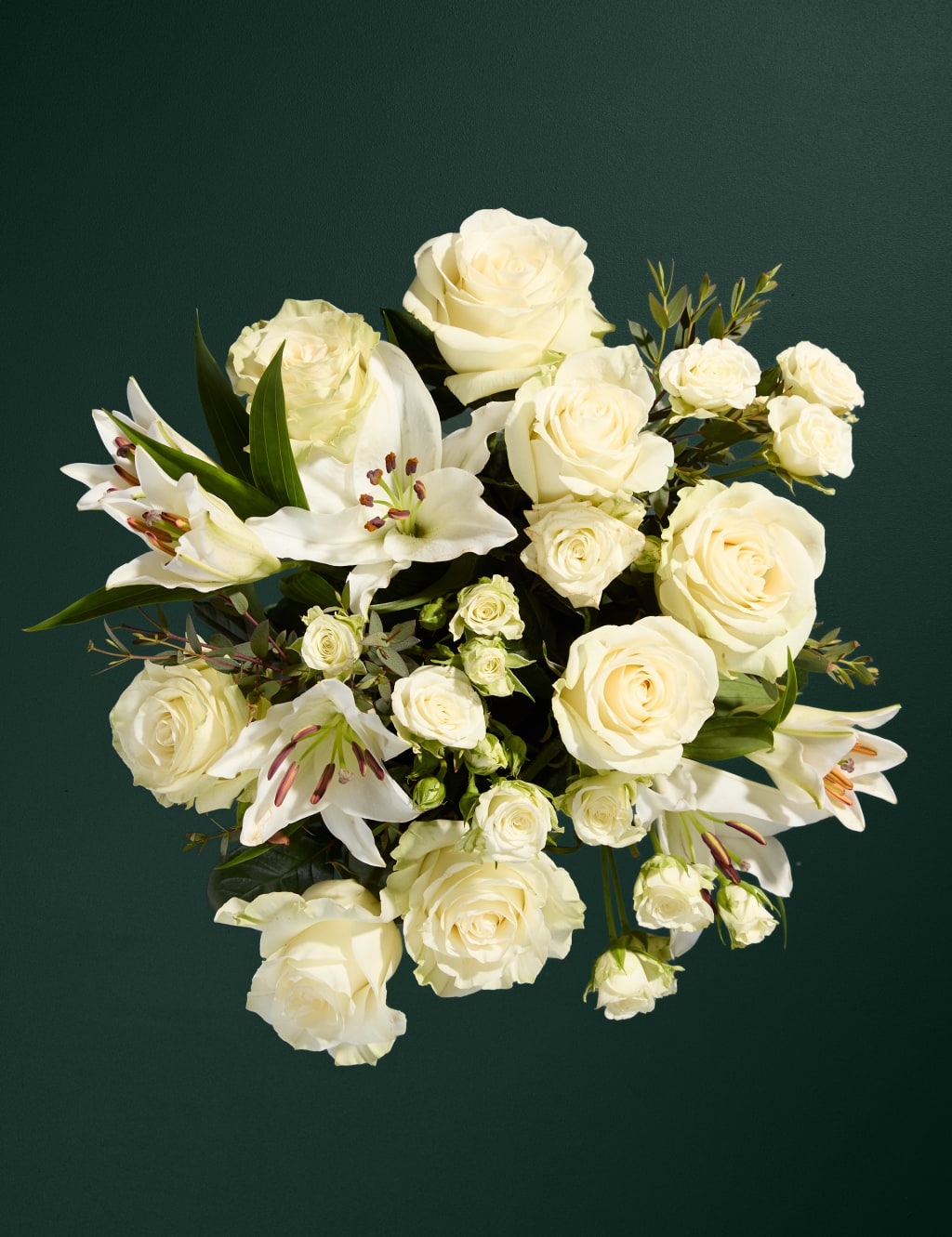 White Rose & Lily Bouquet with Swiss Chocolates & Prosecco
