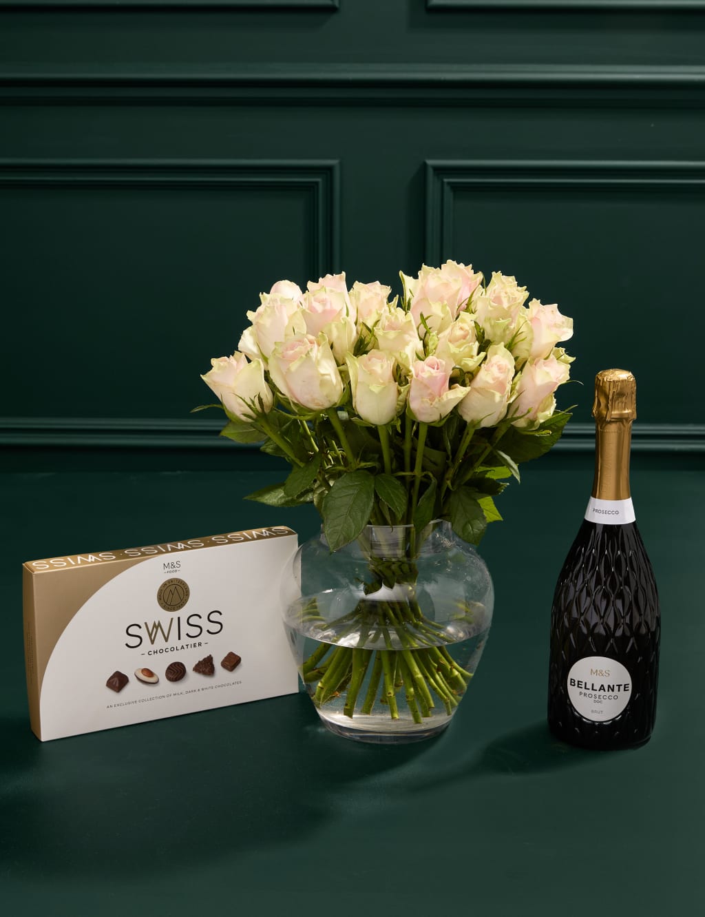 Blush Rose Abundance Bouquet with Swiss Chocolates & Prosecco