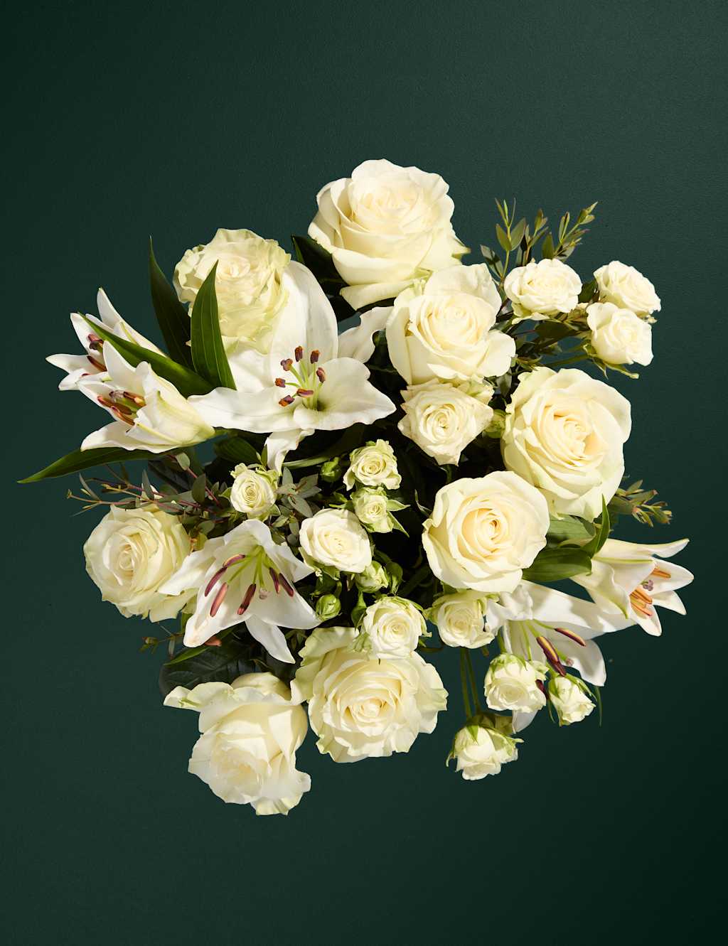 White Rose & Lily Bouquet with Belgian Chocolates & Prosecco