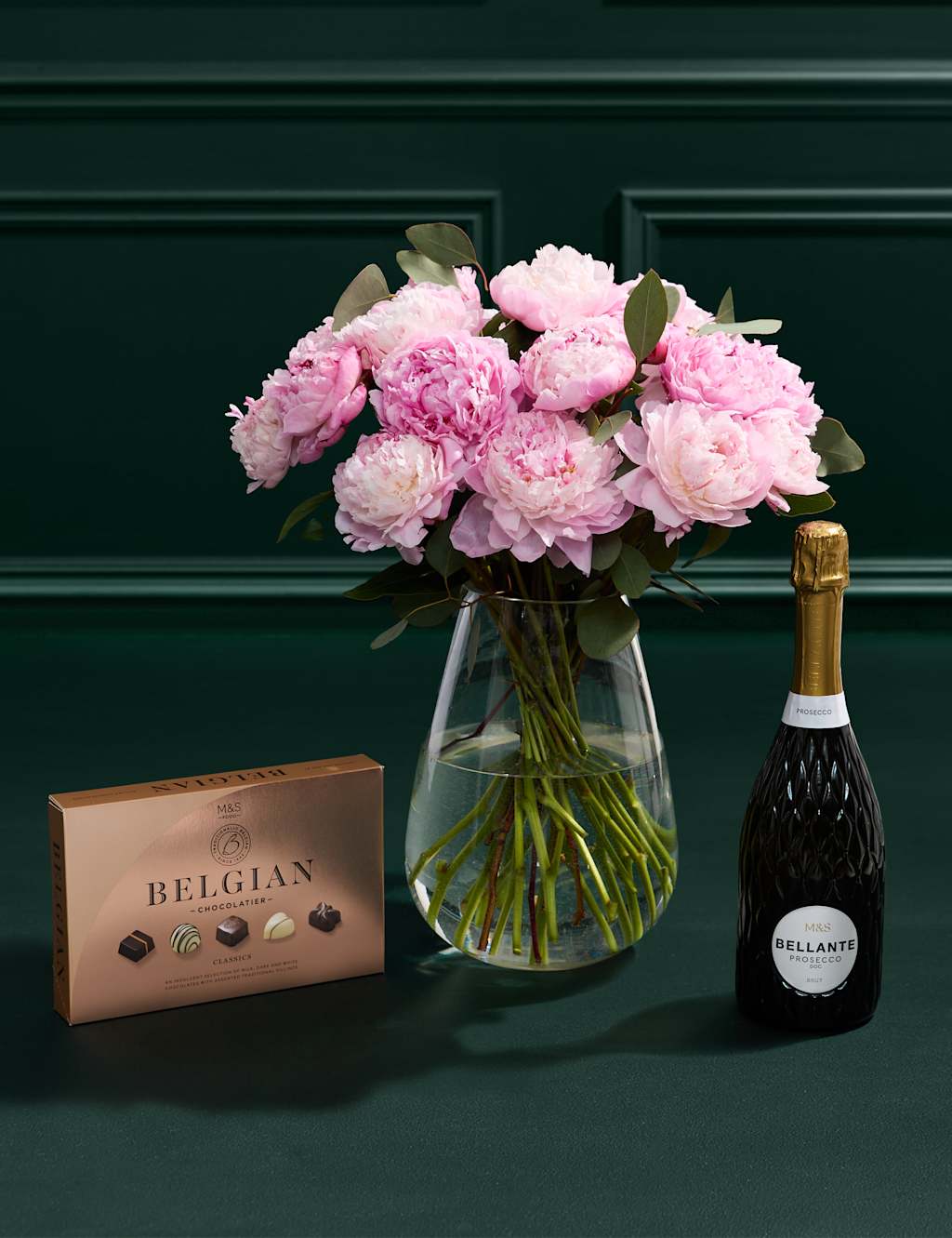 British Pink Peony Bouquet with Prosecco & Belgian Chocolates