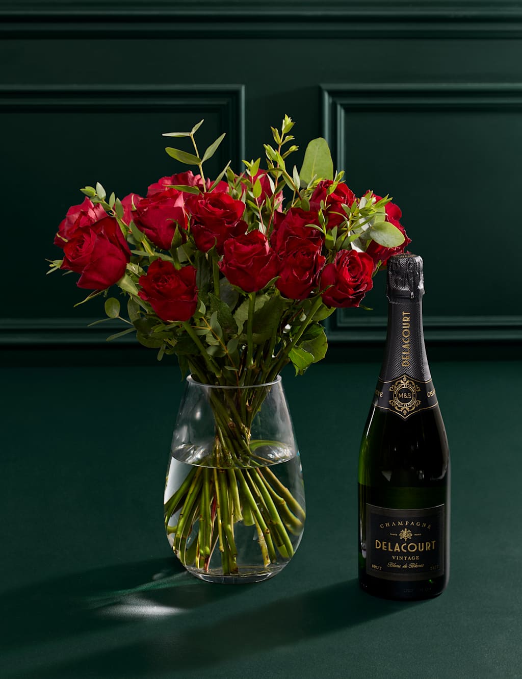 Flower Market Festive Red Rose & Eucalyptus Bouquet with Vintage Champagne