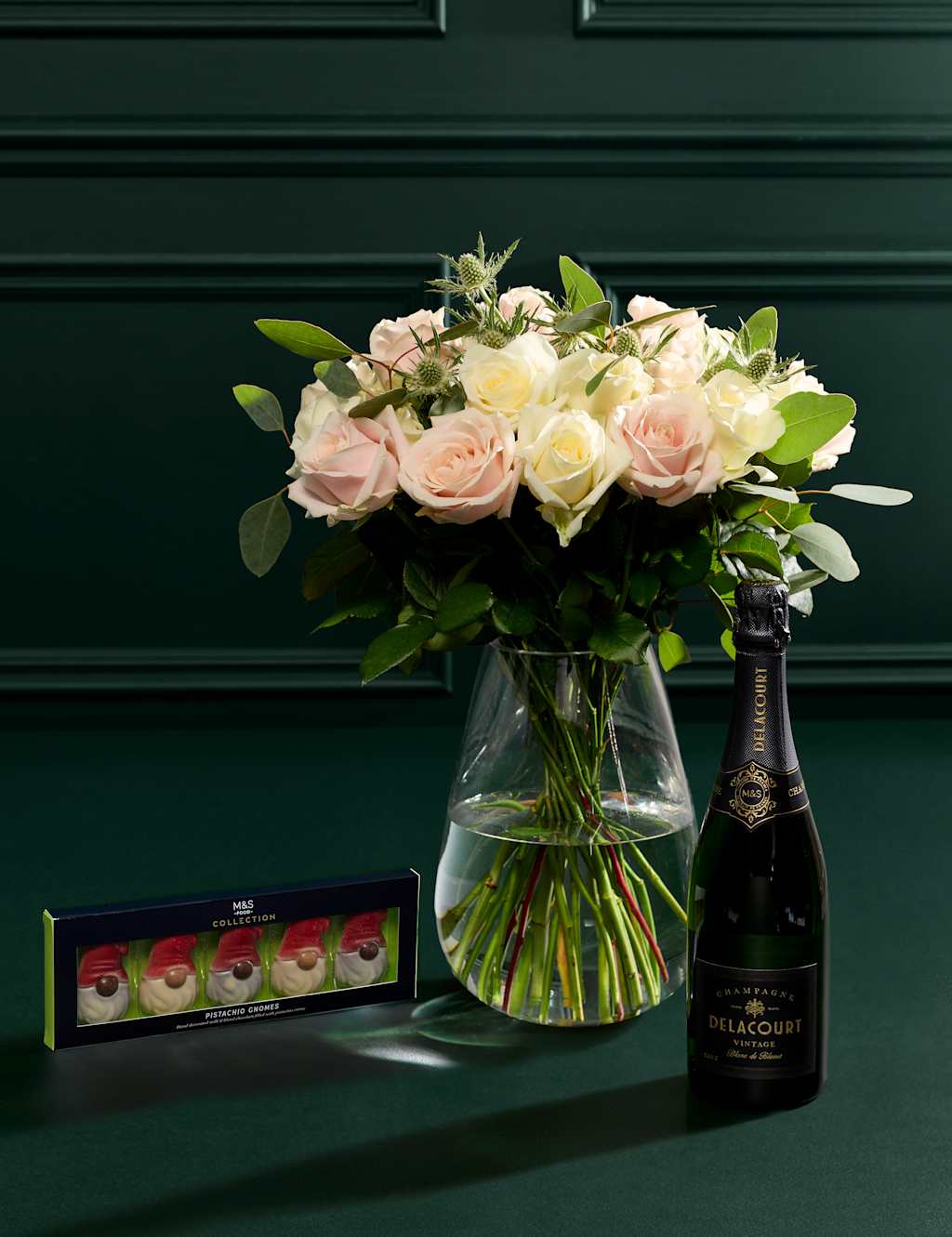 Flower Market Festive Mixed Rose Christmas Bouquet with Vintage Champagne & Pistachio Gnomes