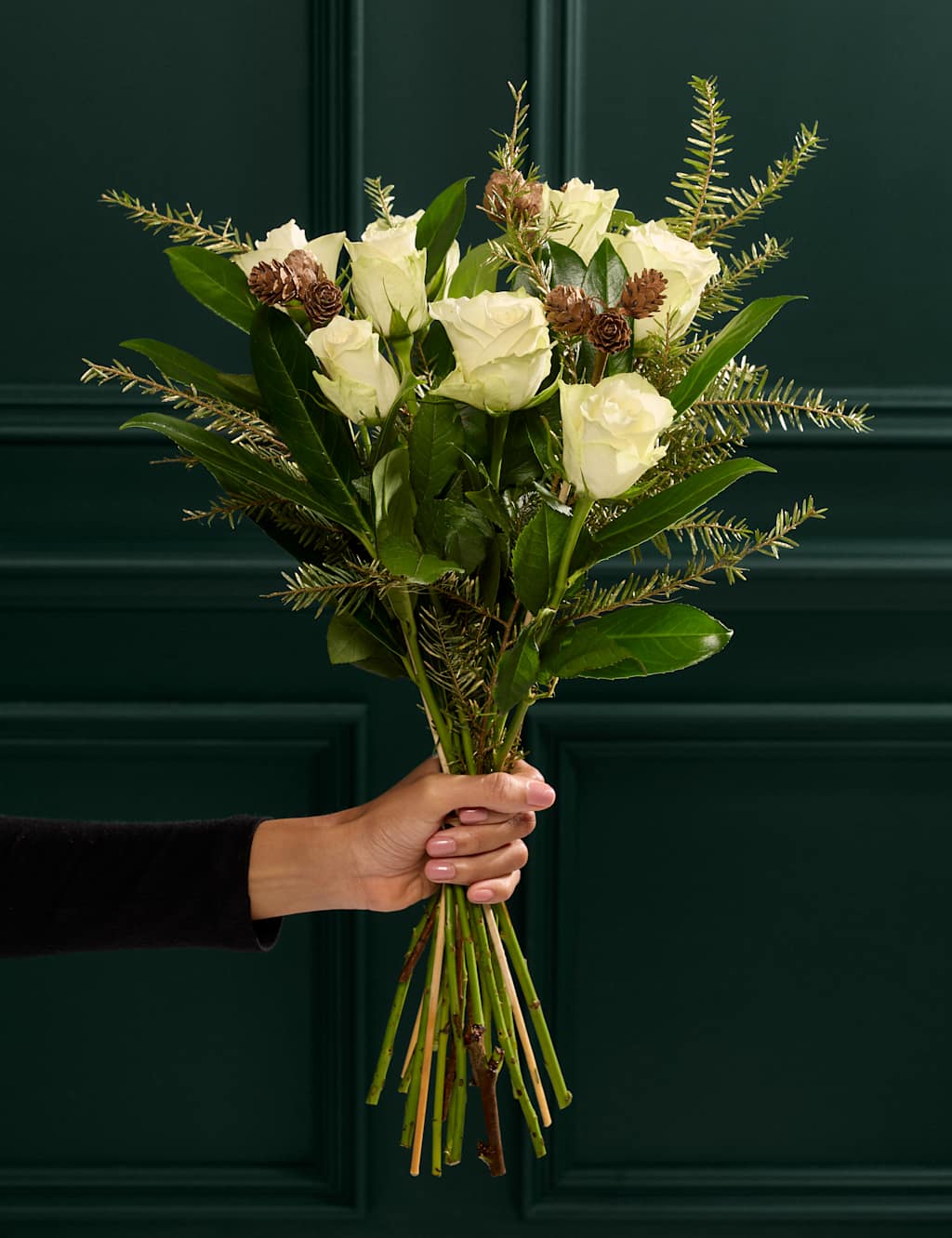 Flower Market White Rose & Pine Cone Bouquet