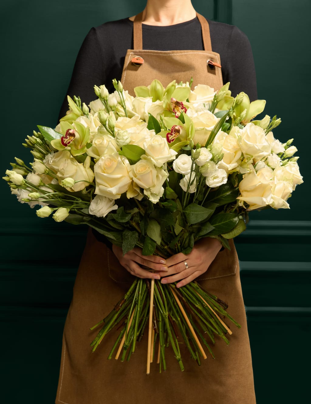 White Rose, Lisianthus & Cymbidium Orchid Bouquet
