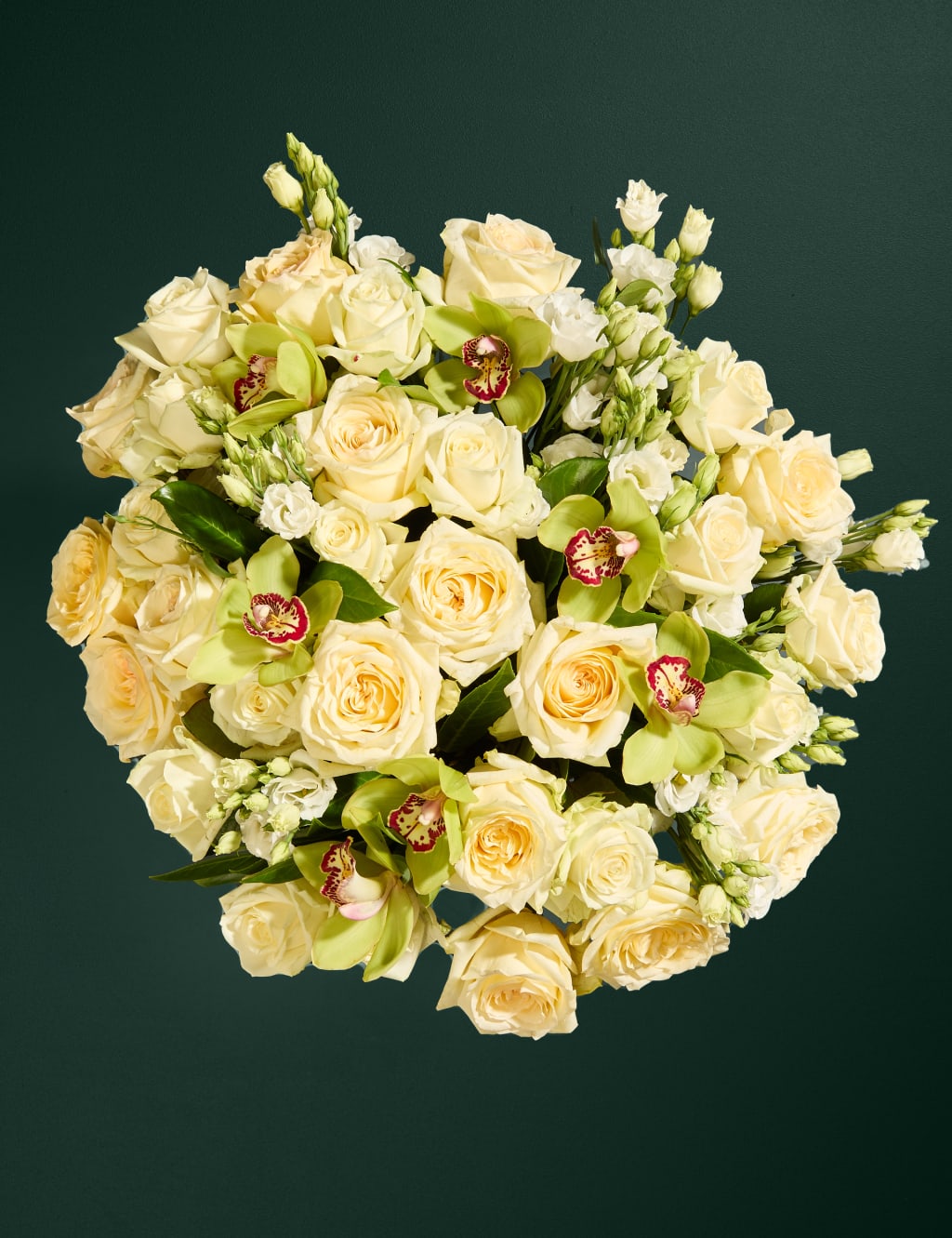 White Rose, Lisianthus & Cymbidium Orchid Bouquet