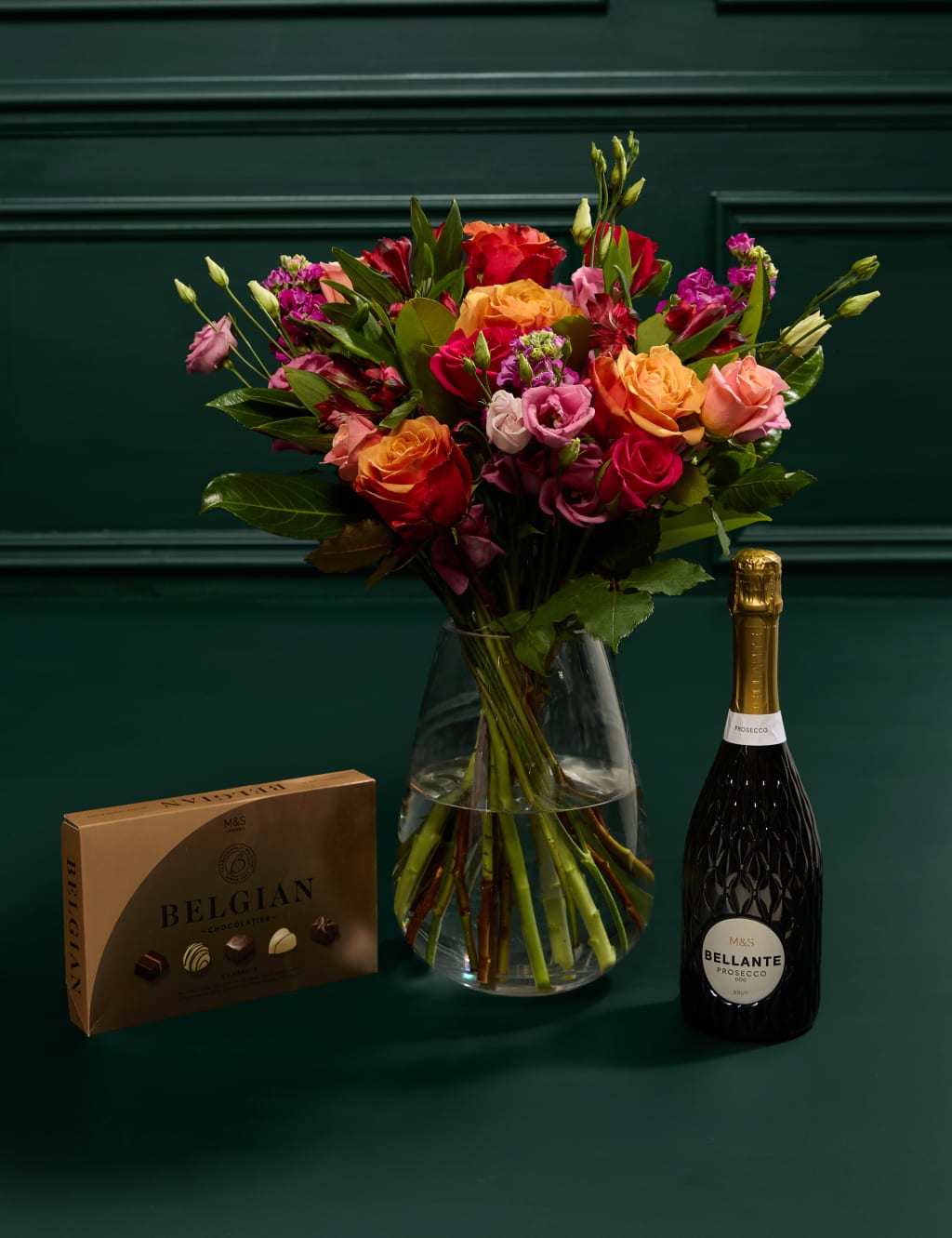 Roses, Lisianthus & Stock Bright Bouquet With Belgian Classics & Prosecco