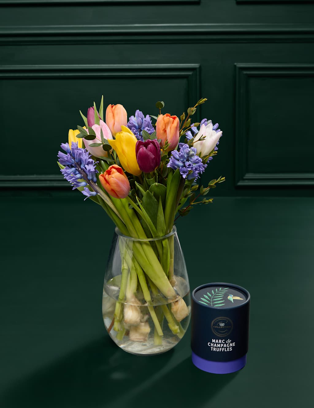 Hyacinth & Tulip Bouquet with Marc De Champagne Truffles