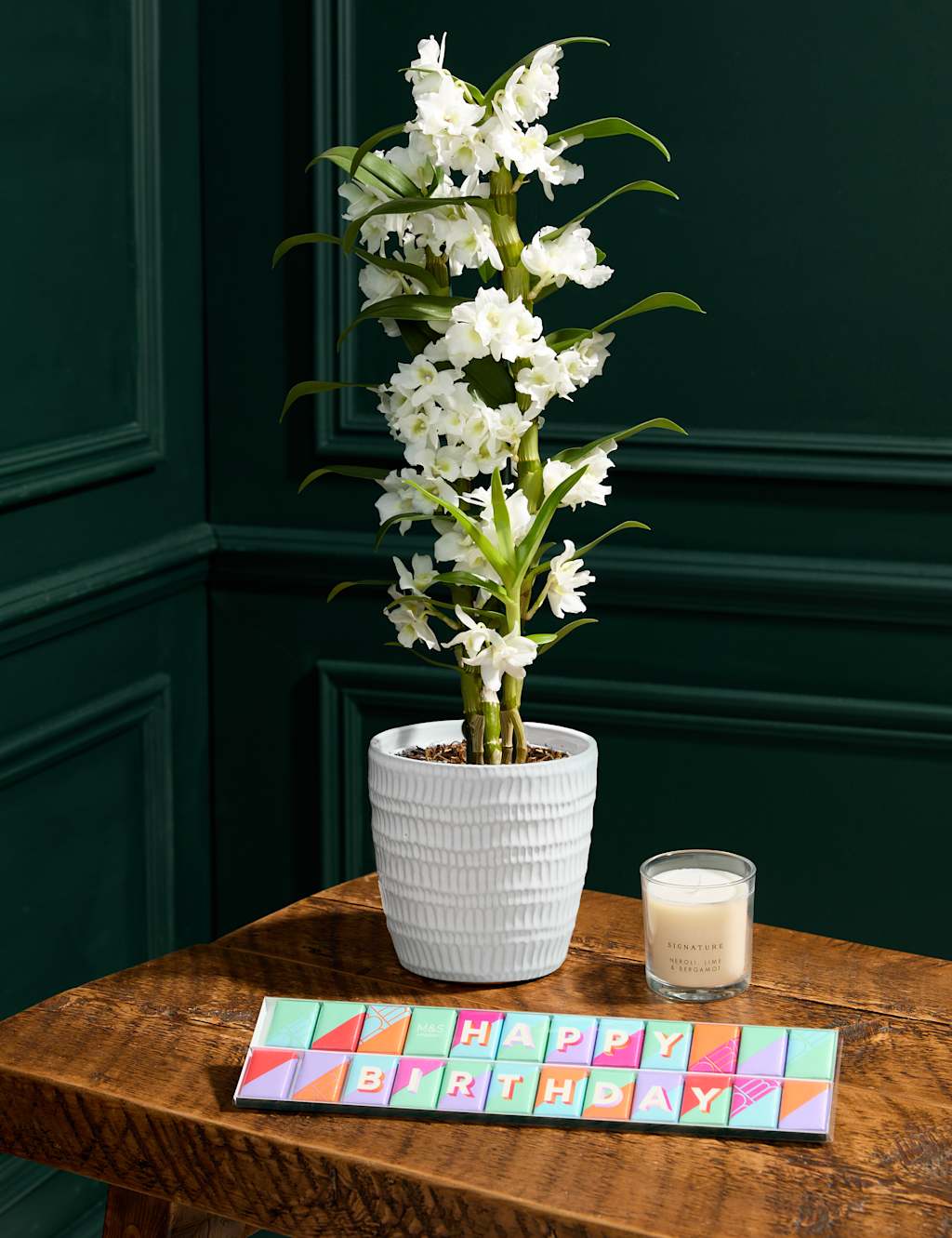 Happy Birthday Orchid with Chocolates & Candle