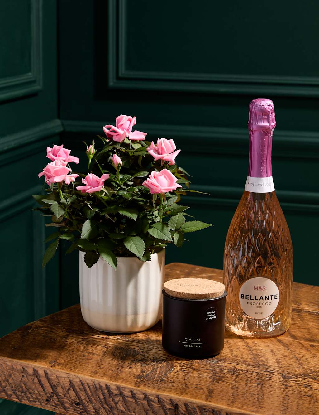 Pink Rose in Ceramic Pot with Prosecco & Scented Candle