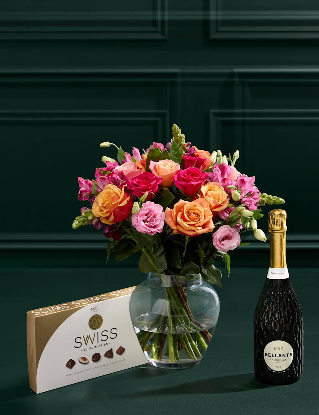 M&S Flower Market Roses Lisianthus & Antirrhinum Bouquet with Chocolates & Prosecco image