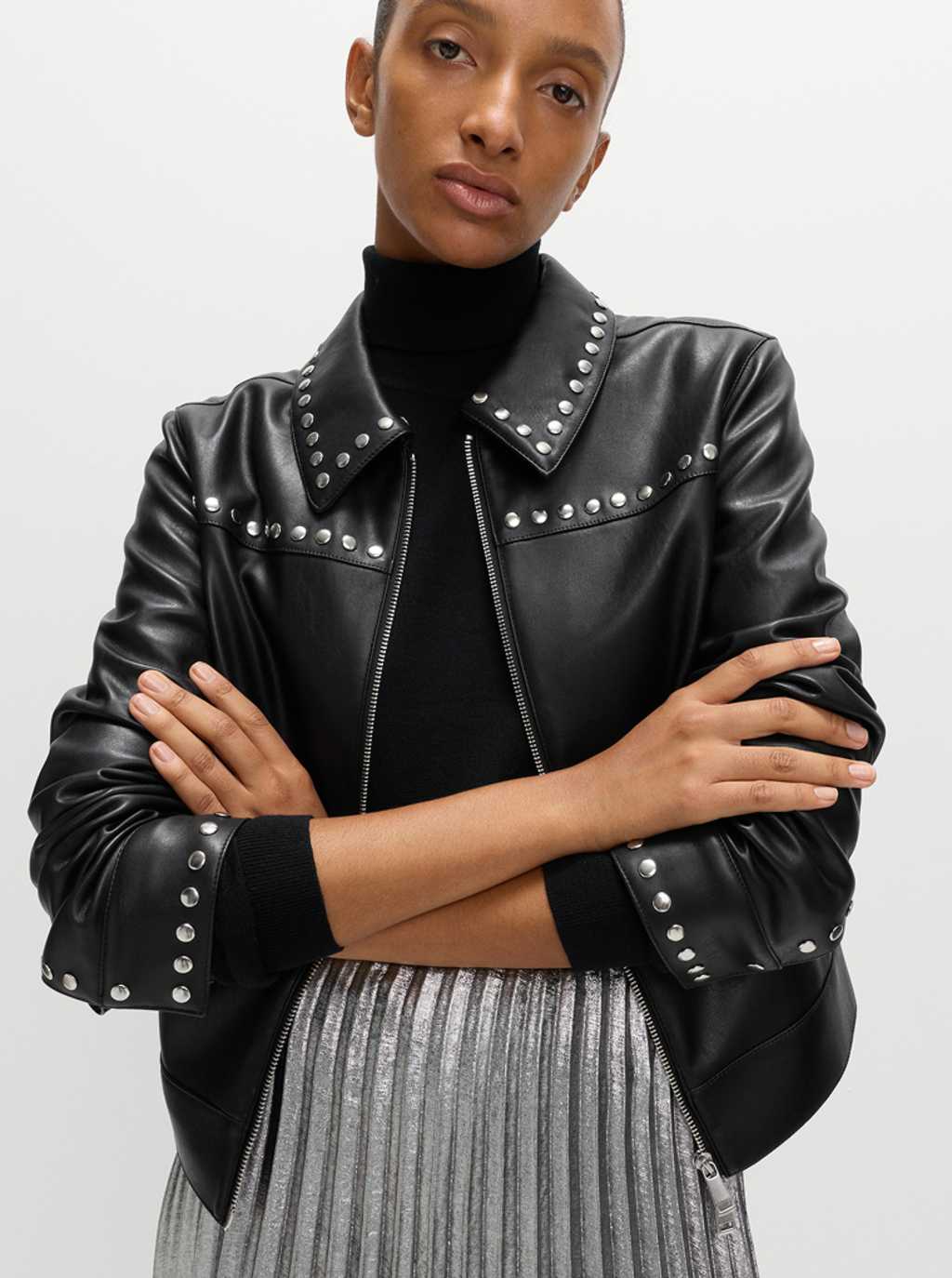 Faux Leather Studded Harrington Jacket