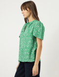 Pure Cotton Floral Print Tie-Up Neck Blouse
