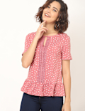 Cotton Mix Polka Dots Key Hole Neck Top