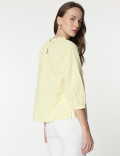 Pure Cotton Checks Ruffled Neck Blouse