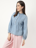Pure Cotton Pleated Mandarin Collar Top