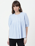 Pure Cotton Pintuck Round Neck Top