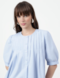 Pure Cotton Pintuck Round Neck Top