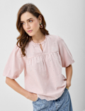 Cotton-Rich Embroidered Balloon Sleeve Top