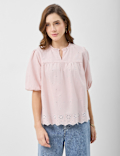 Cotton-Rich Embroidered Balloon Sleeve Top