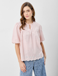 Cotton-Rich Embroidered Balloon Sleeve Top