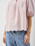Cotton-Rich Embroidered Balloon Sleeve Top