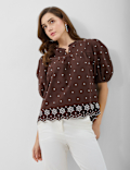 Cotton-Rich Embroidered Balloon Sleeve Top