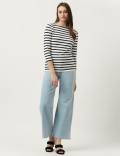 Cotton Mix Striped Boat Neck T-Shirt