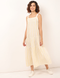 Linen Mix Striped Square Neck Dress