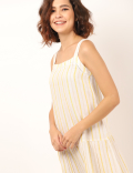Linen Mix Striped Square Neck Dress