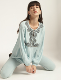 Pure Viscose Embroidery Keyhole Neck Blouse