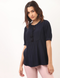 Pure Viscose Plain Tie-Up Neck Blouse