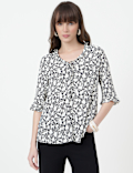Pure Viscose Floral Print Ruffled Neck Top