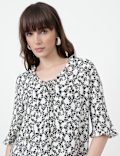 Pure Viscose Floral Print Ruffled Neck Top