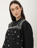 Linen Mix Embroidered Mandarin Collar Top