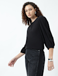 Henley Neck Puff Sleeve Shirt